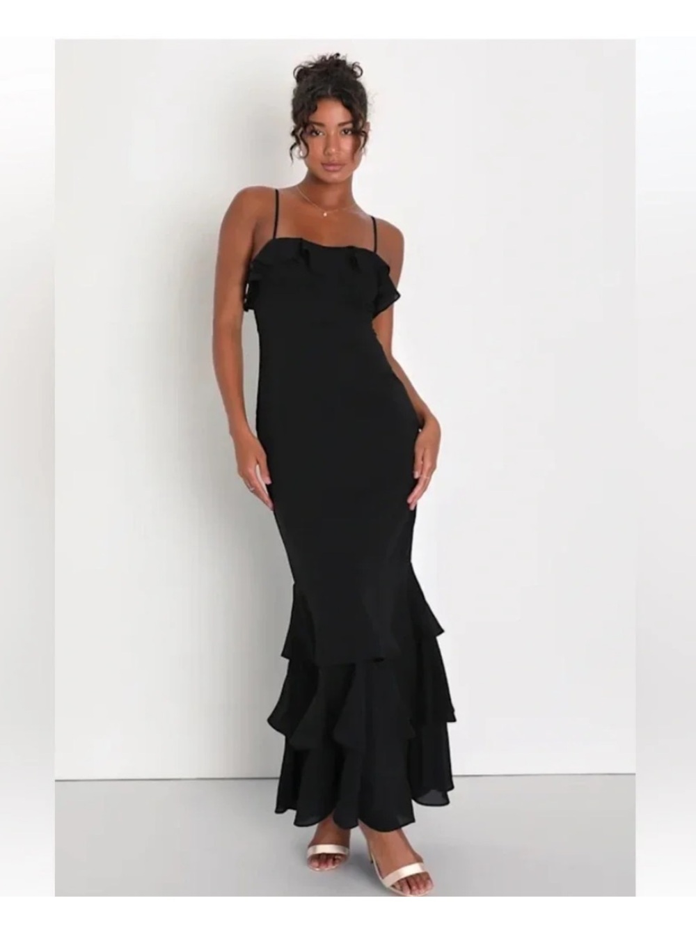 Lulu's Lively Evenings Black Ruffle-Hem Spaghetti Strap Maxi Dress